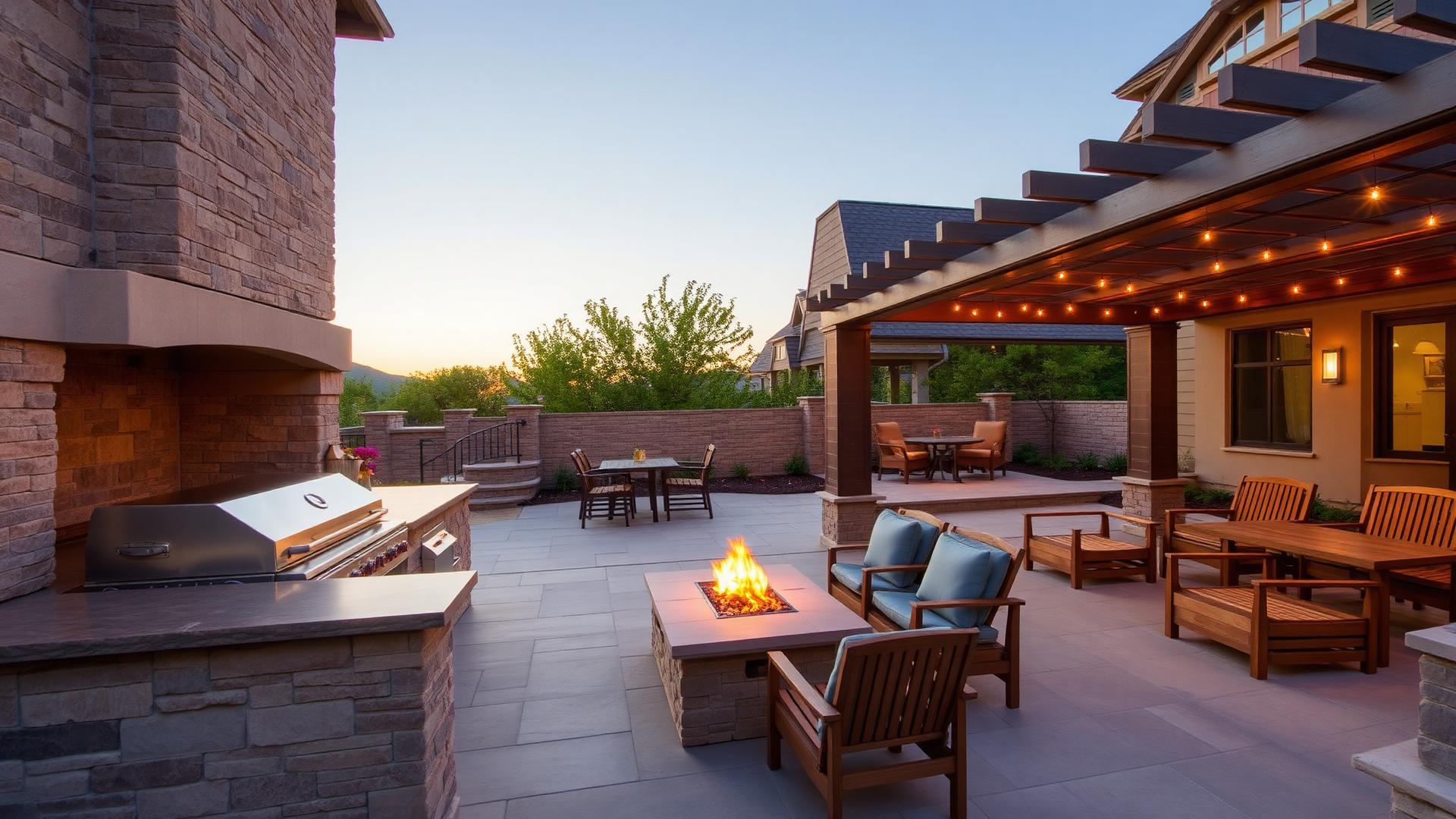 Outdoor living space with built-in kitchen, fire table, and pergola at golden hour